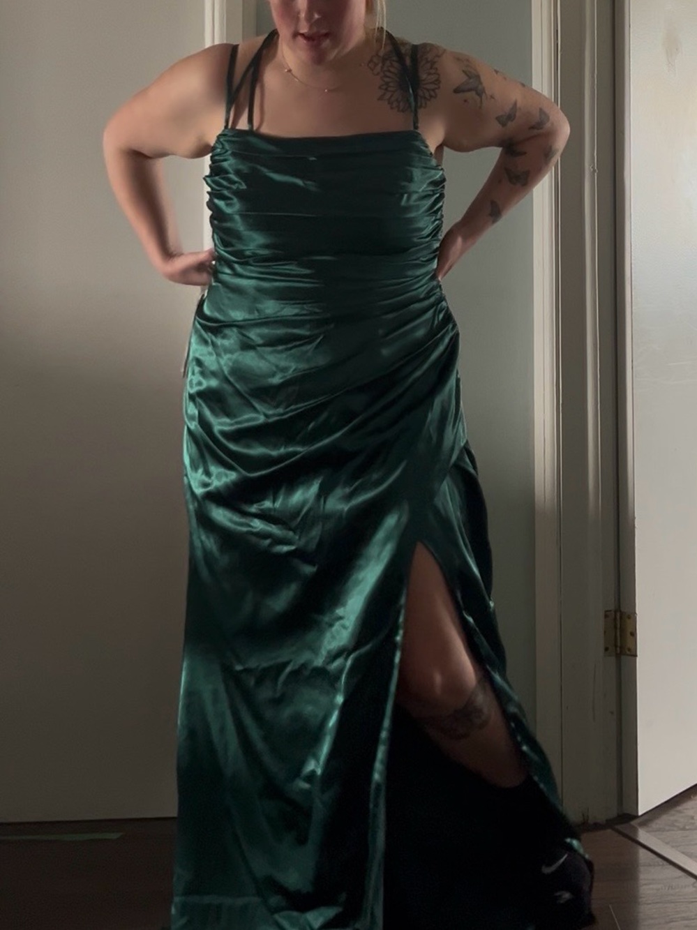 Azazie Emerald Satin Ruched Slip Maxi Dress with Thigh Slit